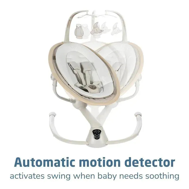 Maxi-Cosi Cassia Swing in Classic Oat, featuring an automatic motion detector for soothing.