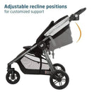 Maxi-Cosi Gia XP Luxe 3-Wheel Travel System in Midnight Moon, featuring adjustable recline positions for customized support.