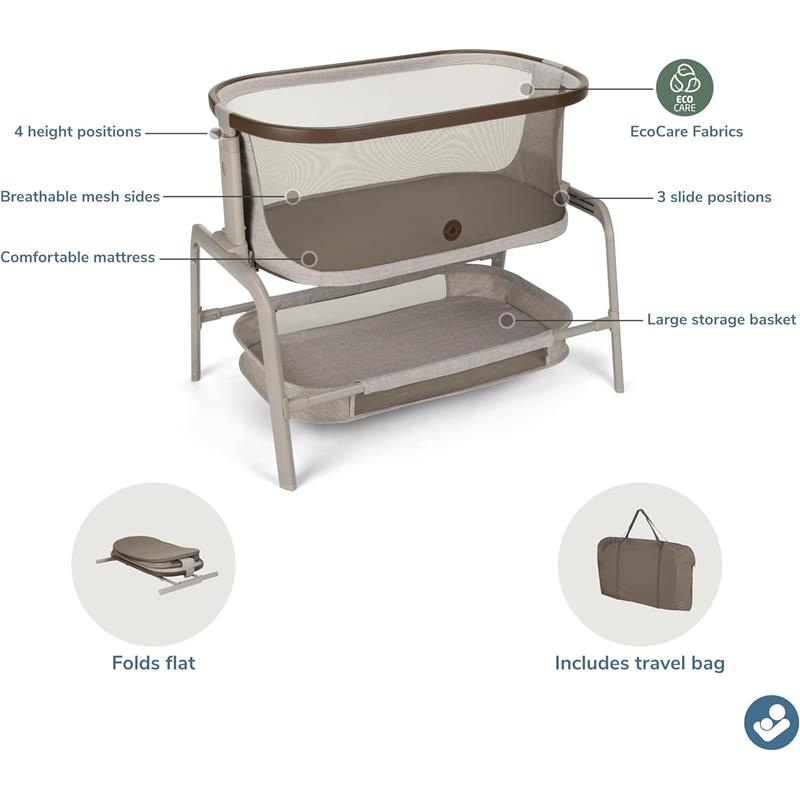 Maxi-Cosi Iora Baby Bassinet features breathable mesh sides, adjustable height, a comfortable mattress, and a large storage basket.