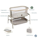Maxi-Cosi Iora Bedside Bassinet in Classic Oat, featuring breathable mesh sides, adjustable height, comfortable mattress, and large storage basket.