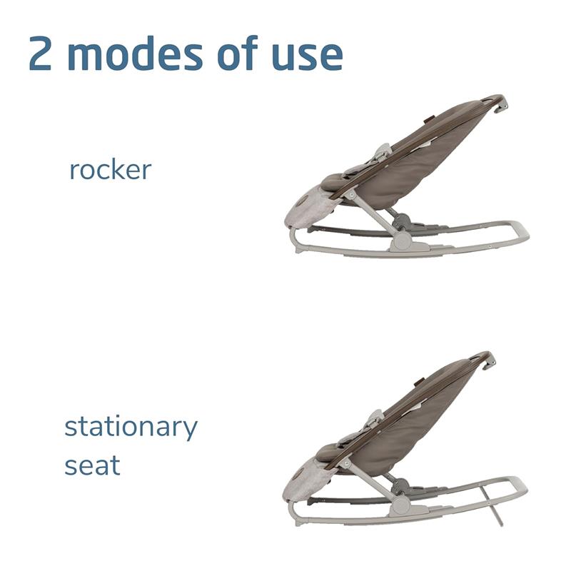 Maxi-Cosi Kori 2-in-1 baby bouncer seat shown in two modes: rocker and stationary seat, in a truffle color.