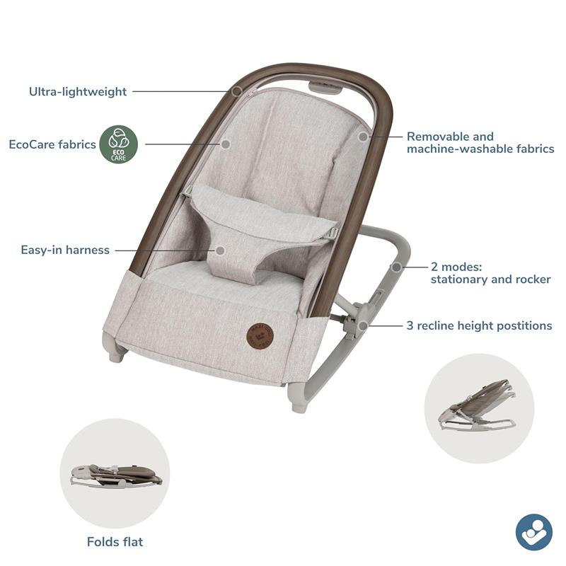 Maxi-Cosi Kori 2-in-1 Baby Bouncer Seat in Truffle, featuring eco-friendly fabric, adjustable recline, and easy-in harness.