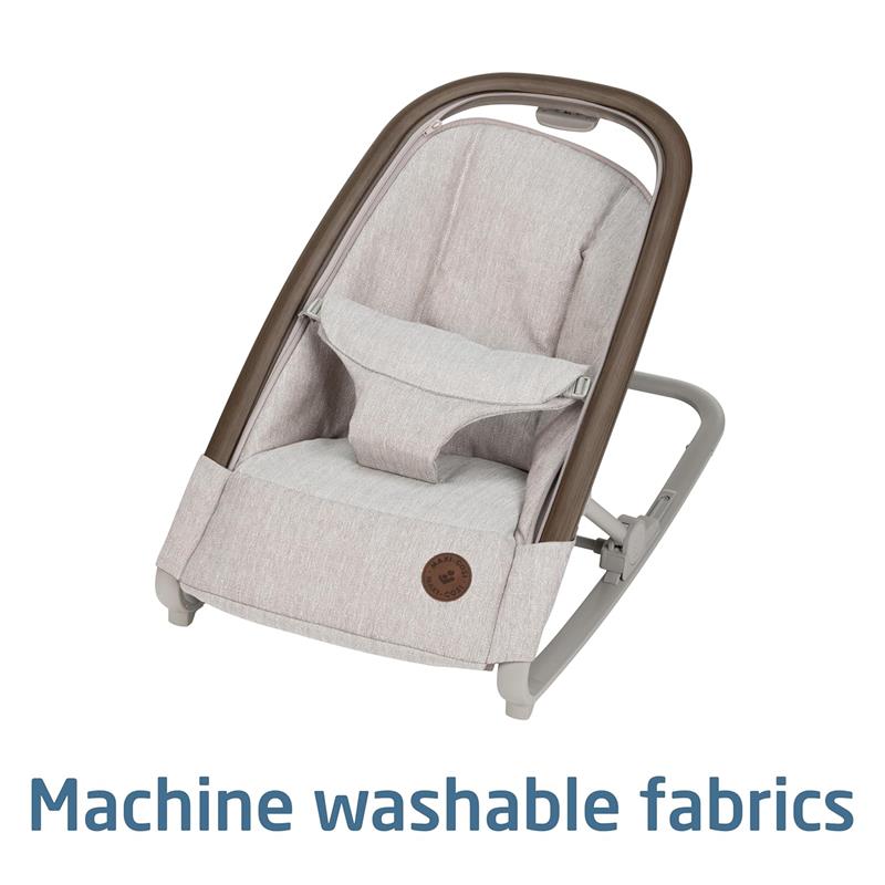 Maxi-Cosi Kori 2-in-1 Baby Bouncer Seat in Truffle, featuring machine washable fabrics and a safe harness.