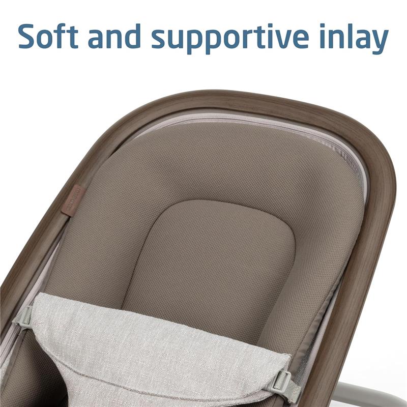 Maxi-Cosi Kori 2-in-1 Baby Bouncer Seat in Truffle, featuring a soft, supportive inlay and adjustable safety harness.