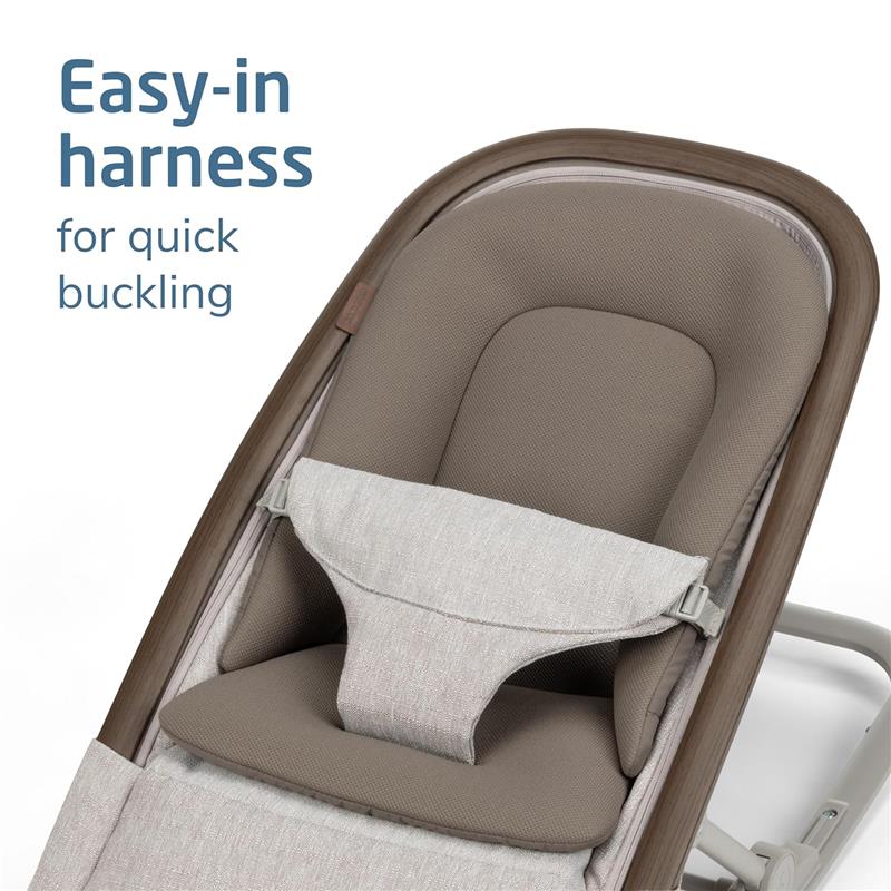 Maxi-Cosi Kori 2-in-1 Baby Bouncer Seat in Truffle, featuring an easy-in harness for quick buckling.