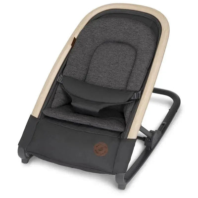 Maxi-Cosi Kori 2-in-1 Rocker in Classic Graphite with a plush seat and wooden frame, designed for infants.