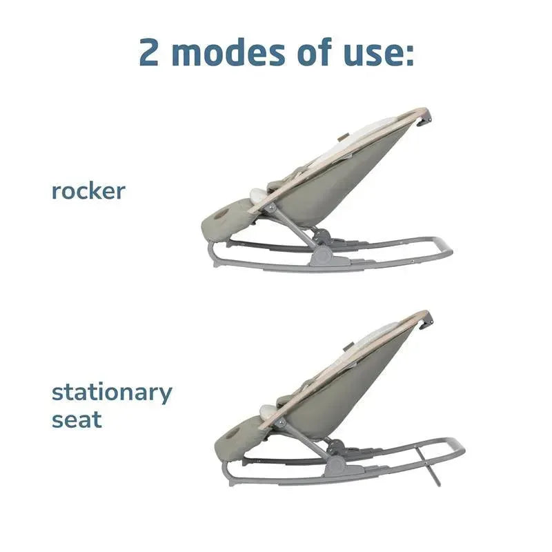 Maxi-Cosi Kori 2-in-1 Rocker in Classic Graphite, shown in rocker and stationary seat modes.