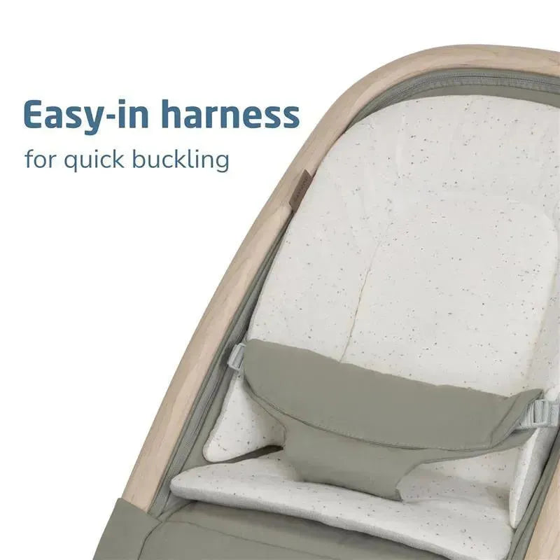 Maxi-Cosi Kori 2-in-1 Rocker features an easy-in harness for quick buckling, with a soft plush interior and neutral colors.