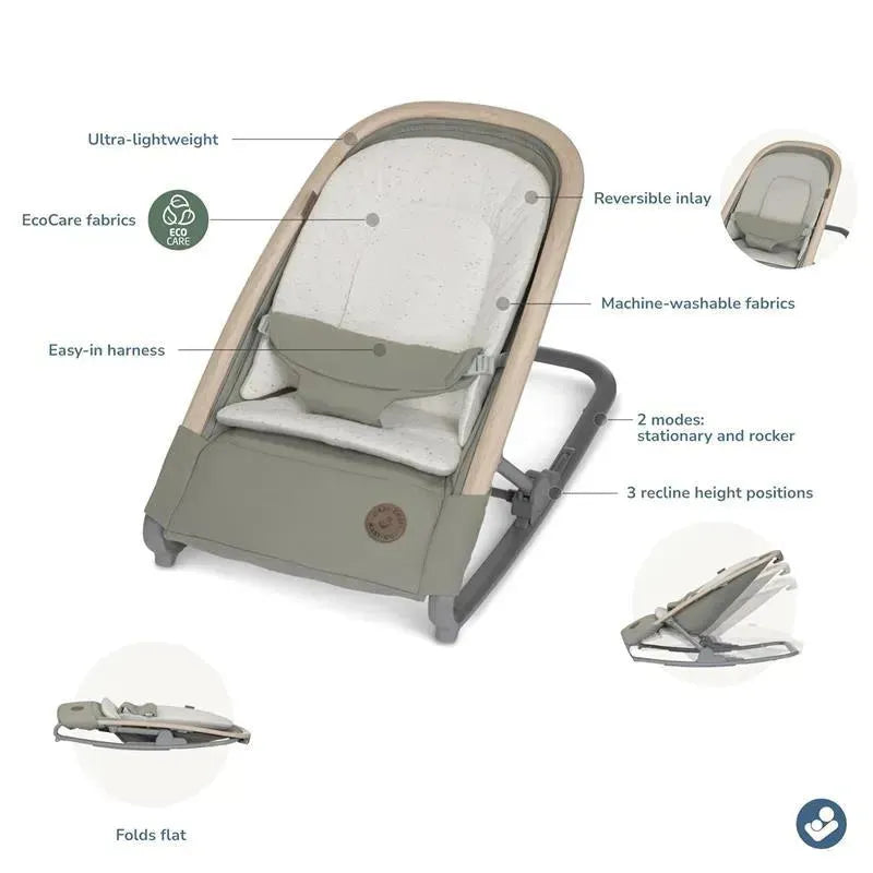 Maxi-Cosi Kori 2-in-1 Rocker in Classic Green, featuring eco-friendly fabrics, easy-in harness, and adjustable recline positions.