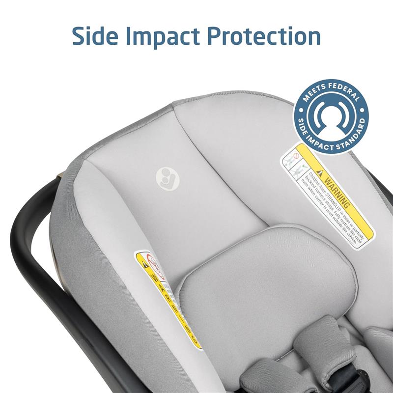 Maxi-Cosi Mico Pro Infant Car Seat in Sea Drift color, featuring side impact protection and safety warning labels.