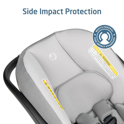 Maxi-Cosi Mico Pro Infant Car Seat in Sea Drift color, featuring side impact protection and safety warning labels.
