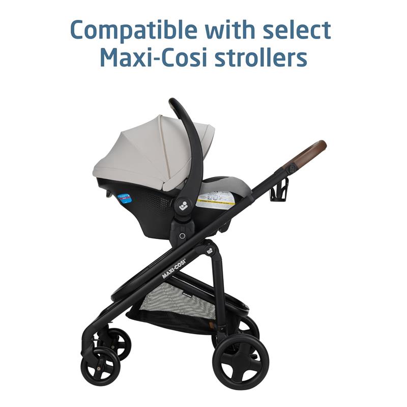 Maxi-Cosi Mico Pro Infant Car Seat in Sea Drift color attached to a stroller, displaying compatibility with select Maxi-Cosi models.