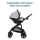 Maxi-Cosi Mico Pro Infant Car Seat in Sea Drift color attached to a stroller, displaying compatibility with select Maxi-Cosi models.