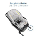 Maxi-Cosi Mico Pro Infant Car Seat in Sea Drift color, highlighting easy installation with 1-click LATCH system.