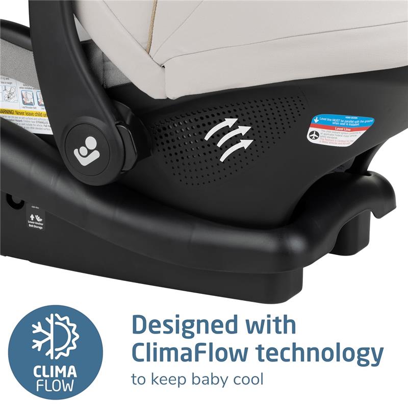 Maxi-Cosi Mico Pro Infant Car Seat in Sea Drift, features ClimaFlow technology for temperature control to keep baby cool.