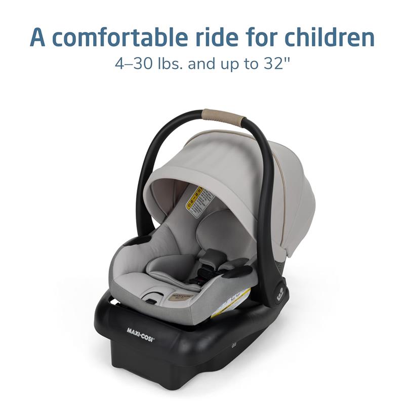 Maxi-Cosi Mico Pro Infant Car Seat in Sea Drift, featuring a gray seat with a canopy and safety harness, for children 4-30 lbs and up to 32 inches.