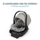 Maxi-Cosi Mico Pro Infant Car Seat in Sea Drift, featuring a gray seat with a canopy and safety harness, for children 4-30 lbs and up to 32 inches.