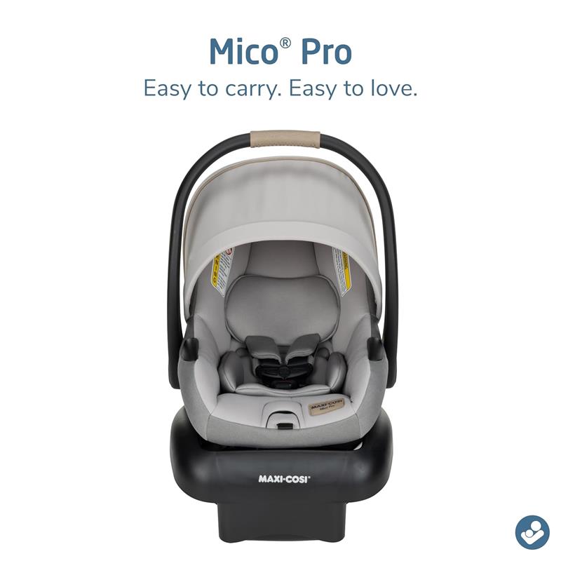 Maxi-Cosi Mico Pro Infant Car Seat in Sea Drift color; features a soft gray fabric, safety harness, and sturdy handle.