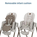 Maxi-Cosi Minla 6-in-1 high chair in Truffle, featuring a removable infant cushion, adjustable seating for babies and toddlers.
