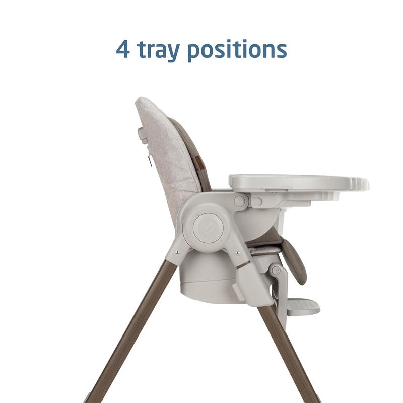 Maxi-Cosi Minla 6-in-1 high chair in truffle color, featuring an adjustable design with four tray positions.