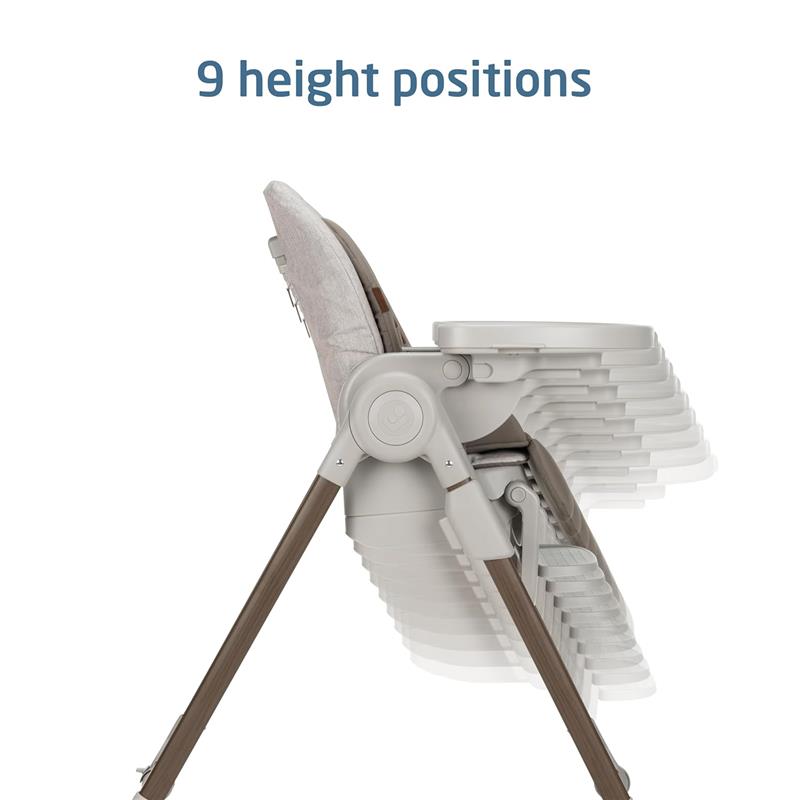 Maxi-Cosi Minla 6-in-1 High Chair in Truffle, showcasing its adjustable height feature with 9 visible positions.