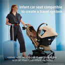 Lightweight Maxi-Cosi Oxford Cabin Travel Stroller in Sea Shadow, with a woman holding a suitcase and an infant car seat.