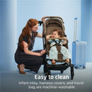 Maxi-Cosi Oxford Cabin Lightweight Travel Stroller in Sea Shadow with a smiling child and parent, highlighting machine-washable features.