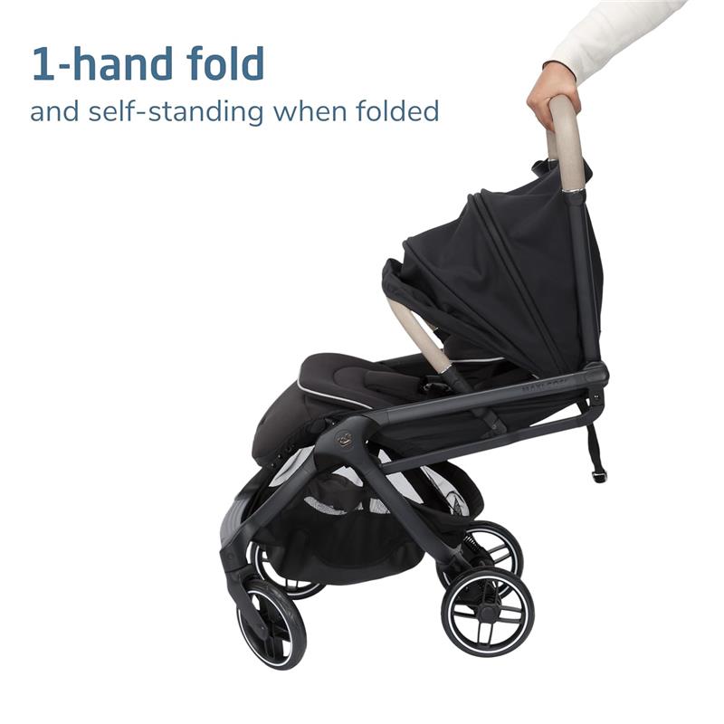 Lightweight travel stroller in Sea Shadow color, featuring a 1-hand fold mechanism and self-standing design when folded.