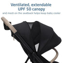 Lightweight Maxi-Cosi Oxford Cabin stroller in Sea Shadow with a UPF 50 extendable canopy and mesh seatback for ventilation.