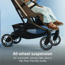 Maxi-Cosi Oxford Cabin Lightweight Travel Stroller in Truffle color, featuring all-wheel suspension and a child seated.