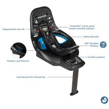 Maxi-Cosi Peri 180° Rotating Infant Car Seat Base featuring integrated belt lock-off, TensionFix indicator, and rotation lock.