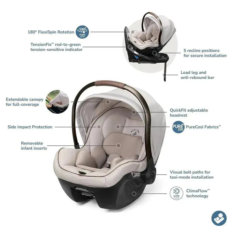 Maxi-Cosi Peri 180 Rotating Infant Car Seat in Desert Wonder with extendable canopy, adjustable headrest, and side impact protection features.