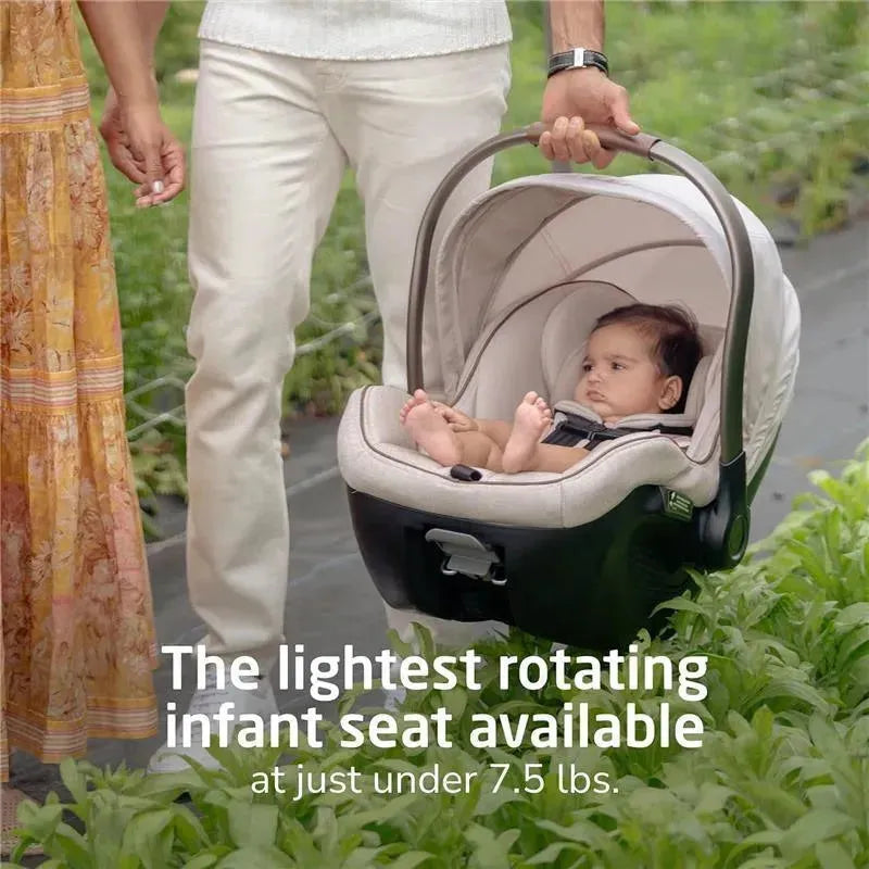 Maxi-Cosi Peri 180 Rotating Infant Car Seat in Desert Wonder, featuring a baby inside and a couple holding it, with text highlighting its lightweight design.