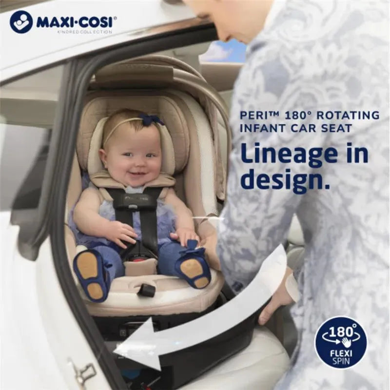 Maxi-Cosi Peri 180° Rotating Infant Car Seat in Onyx Heritage with a smiling baby secured inside, highlighting safety and comfort.