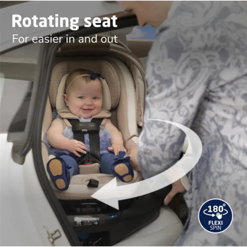 Maxi-Cosi Peri 180° rotating infant car seat in Onyx Heritage, featuring a smiling baby and a parent securing them.