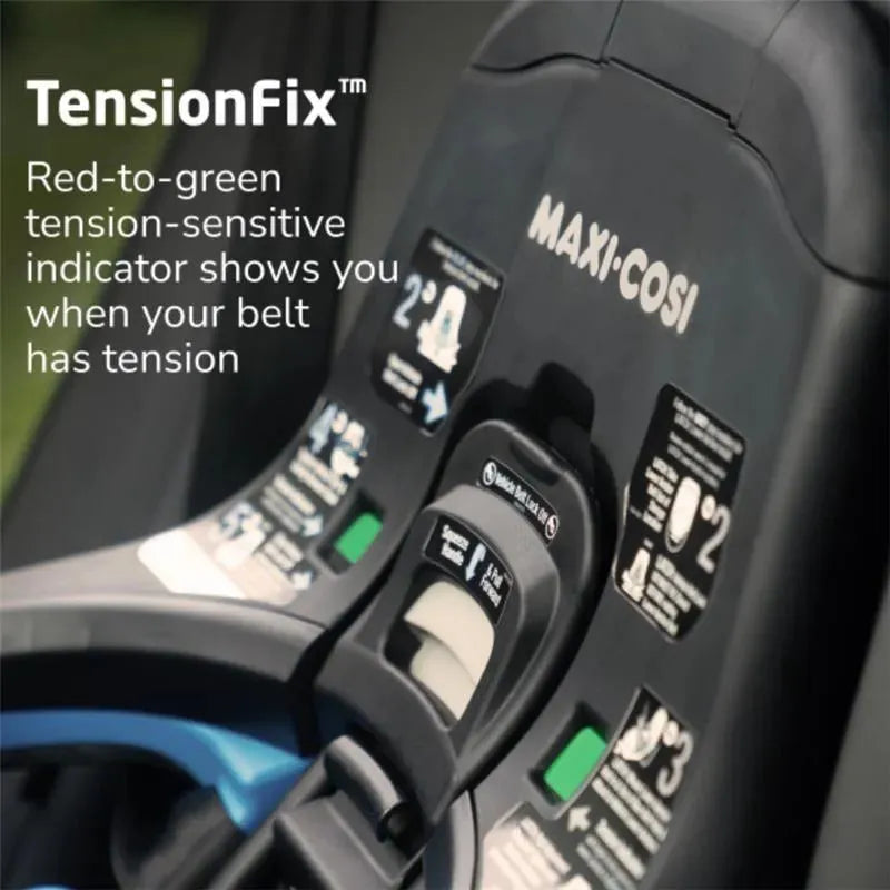 Maxi-Cosi Peri 180° Rotating Infant Car Seat showing the TensionFix indicator for belt tension in Onyx Heritage design.