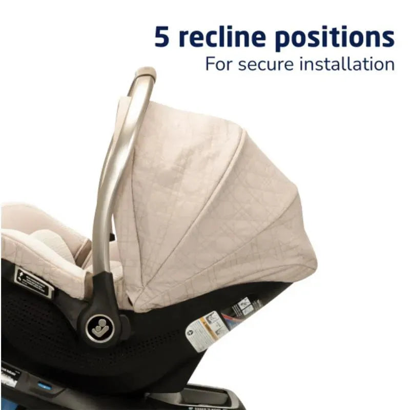 Maxi-Cosi Peri 180° Rotating Infant Car Seat in Onyx Heritage featuring five recline positions for secure installation.