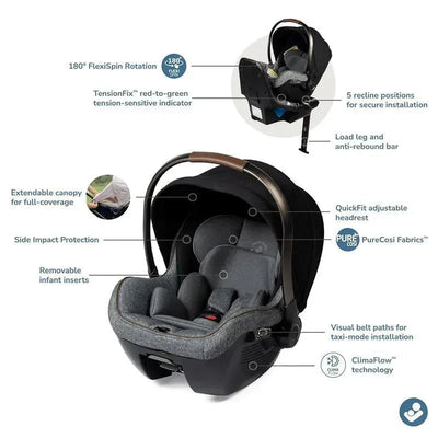 Maxi-Cosi Peri 180 Rotating Infant Car Seat in Onyx Wonder features a canopy, adjustable headrest, and side impact protection.