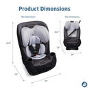 Maxi-Cosi Pria All-in-One Convertible Car Seat in Blackened Pearl, with indicated minimum and maximum dimensions displayed.