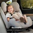 Maxi-Cosi Pria All-in-One Convertible Car Seat in SeaDrift, featuring a smiling girl comfortably seated, highlights the ReclineFit with three reclining positions.