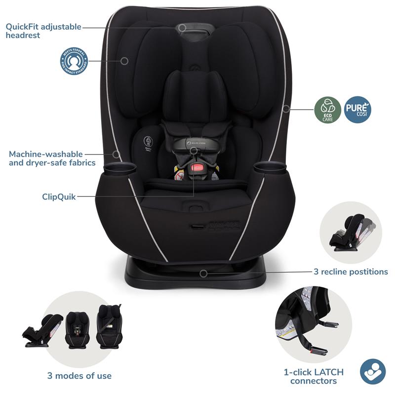Maxi-Cosi Pria Max All-in-One Convertible Car Seat in Caspian Caviar, featuring adjustable headrest, machine-washable fabric, and LATCH connectors.
