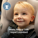Maxi-Cosi Pria Max All-in-One Convertible Car Seat in Escargot with a smiling child secured in the seat and a side impact safety badge.