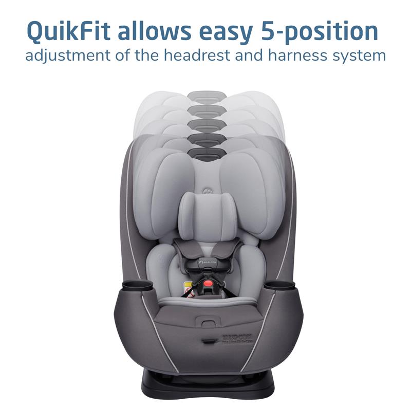 Maxi-Cosi Pria Max All-in-One Convertible Car Seat in Escargot, featuring a 5-position QuikFit adjustment for headrest and harness.