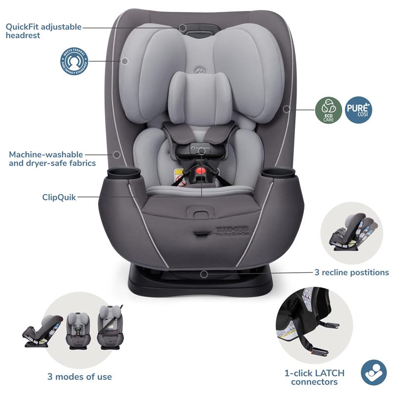 Maxi-Cosi Pria Max All-in-One Convertible Car Seat in Escargot, featuring adjustable headrest, machine-washable fabrics, and cup holders.
