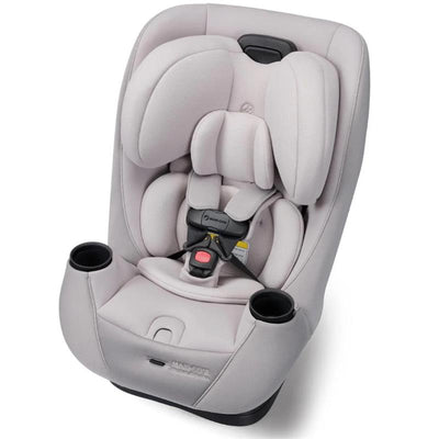 Maxi-Cosi Pria Max All-in-One Convertible Car Seat in Oyster Shell color, featuring plush padding, safety harness, and cup holders.