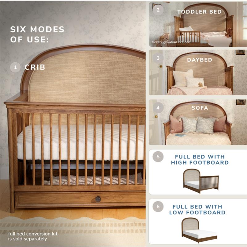 Maxi Cosi Quiet Luxury 6-in-1 Convertible Crib, showcasing its crib mode, with text highlighting six modes of use.