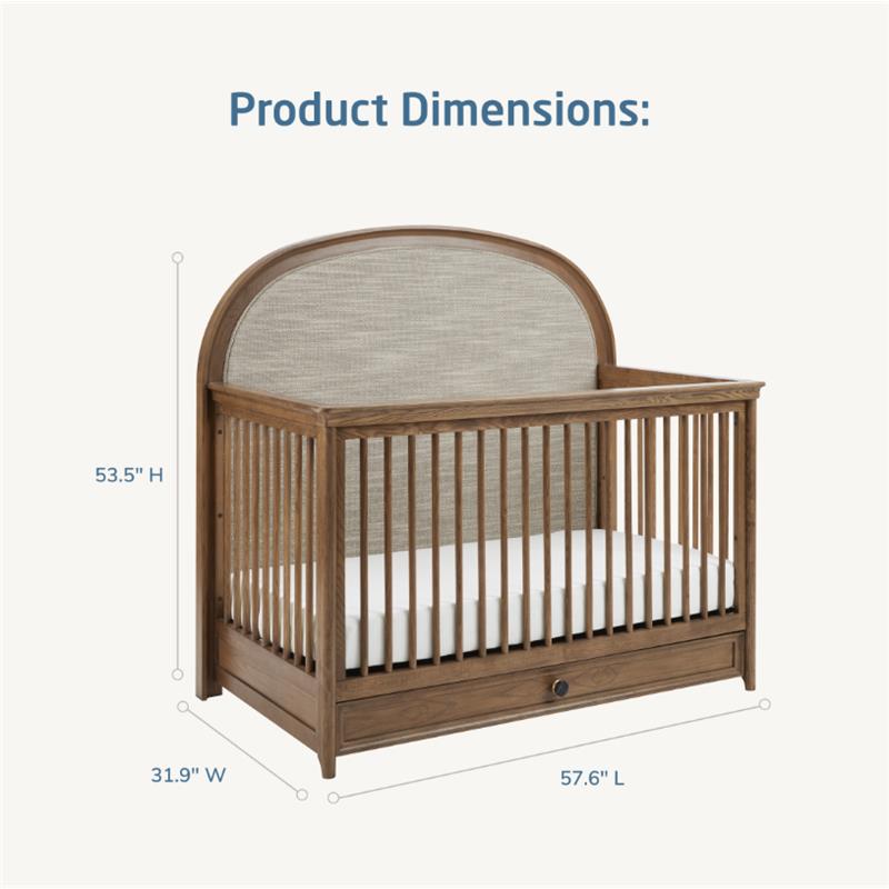 Product dimensions for Maxi-Cosi Quiet Luxury 6-in-1 Convertible Crib: 53.5" H x 31.9" W x 57.6" L