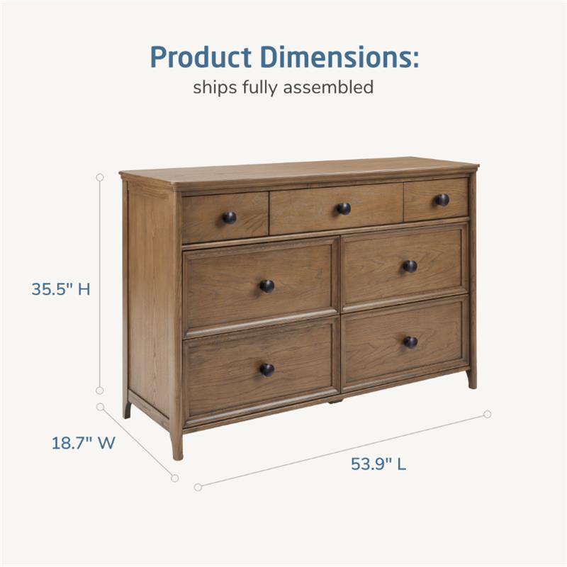 Maxi-Cosi Quiet Luxury 7-Drawer Dresser with product dimensions: 53.9" L x 18.7" W x 35.5" H
