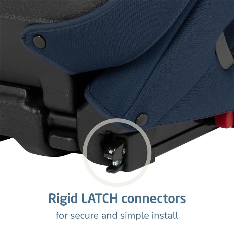Maxi-Cosi Rodisport Booster Car Seat in Seafaring color, highlighting rigid LATCH connectors for secure installation.