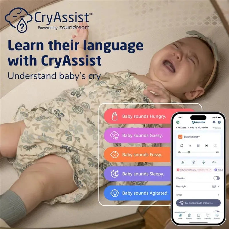 Crying baby in a floral outfit with CryAssist interface showing cry interpretations: hungry, gassy, fussy, sleepy, agitated.